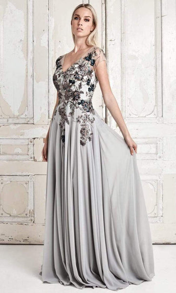 A-line V-neck Cap Sleeves Natural Waistline Floor Length Sheer Slit Embroidered Fitted Floral Print Prom Dress