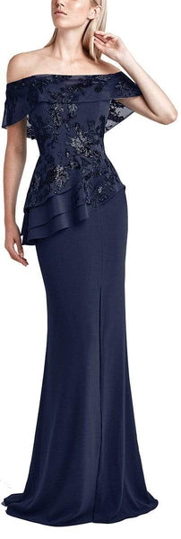 Sheath Natural Waistline Embroidered Asymmetric Peplum Fitted Tiered Sheer Off the Shoulder Floor Length Sheath Dress