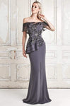 Sheath Natural Waistline Off the Shoulder Floor Length Peplum Asymmetric Tiered Embroidered Fitted Sheer Sheath Dress