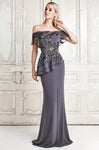 Embroidered Sheer Tiered Fitted Asymmetric Peplum Natural Waistline Sheath Off the Shoulder Floor Length Sheath Dress