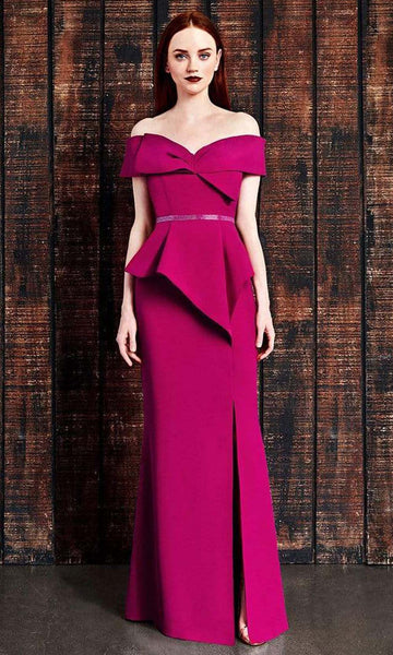 Floor Length Natural Waistline Slit Banding Peplum Sheath Short Sleeves Sleeves Off the Shoulder Sheath Dress/Evening Dress With a Bow(s)