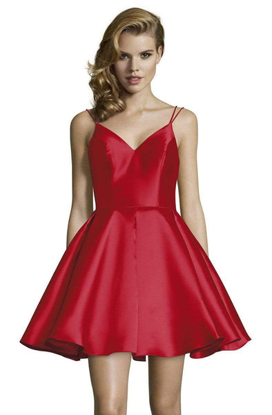A-line V-neck Sleeveless Spaghetti Strap Natural Waistline Fit-and-Flare Pleated Fitted Back Zipper Cocktail Above the Knee Full-Skirt Skater Dress/Homecoming Dress/Prom Dress