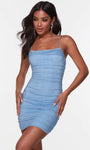 Beaded Fitted Open-Back Cutout Lace-Up Back Zipper Ruched Mesh Sheath Cocktail Short Natural Waistline Sleeveless Spaghetti Strap Scoop Neck Sheath Dress