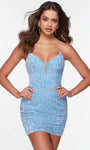 Sexy V-neck Sheath Cocktail Short Sleeveless Spaghetti Strap Back Zipper Lace-Up Sequined Sheer Fitted Plunging Neck Natural Waistline Sheath Dress