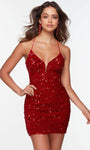 Sexy V-neck Sleeveless Spaghetti Strap Back Zipper Sequined Sheer Fitted Lace-Up Plunging Neck Sheath Cocktail Short Natural Waistline Sheath Dress