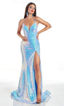 V-neck Sheath Plunging Neck Natural Waistline Fall Open-Back Sheer Lace-Up Slit Sequined Spaghetti Strap Sheath Dress with a Brush/Sweep Train