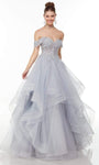 A-line Off the Shoulder Beaded Applique Crystal Tiered Basque Corset Waistline Dress with a Brush/Sweep Train