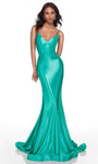 V-neck Mermaid Satin Spaghetti Strap Back Zipper Lace-Up Open-Back Natural Waistline Bandeau Neck Evening Dress with a Brush/Sweep Train