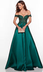 A-line Applique Sheer Back Sheer Illusion Pocketed Off the Shoulder Natural Waistline Lace Prom Dress with a Brush/Sweep Train With Rhinestones
