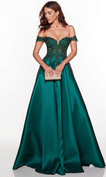 A-line Applique Illusion Sheer Back Pocketed Sheer Off the Shoulder Natural Waistline Lace Prom Dress with a Brush/Sweep Train With Rhinestones