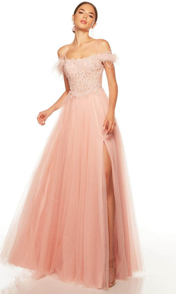 A-line Floor Length Off the Shoulder Tulle Straight Neck Back Zipper Slit Open-Back Beaded Corset Natural Waistline Evening Dress