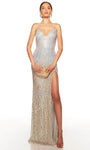 V-neck Sleeveless Sheath Fitted Sequined Slit Beaded Open-Back Back Zipper Glittering Tulle Natural Waistline Sheath Dress/Evening Dress