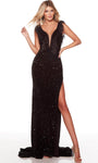 Sexy V-neck Slit Back Zipper Fitted Sequined Sheath Velvet Natural Waistline Plunging Neck Floor Length Cap Sleeves Fall Beaded Trim Sheath Dress/Prom Dress with a Brush/Sweep Train