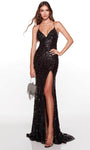 Sophisticated V-neck Sequined Mesh Slit Lace-Up Sleeveless Floor Length Sheath Natural Waistline Plunging Neck Sheath Dress/Evening Dress