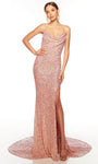 Sophisticated Floor Length Sheath Sleeveless Cowl Neck Natural Waistline Vintage Open-Back Sequined Slit Sheath Dress/Evening Dress with a Brush/Sweep Train