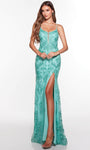 Open-Back Fitted Glittering Slit Sleeveless Spaghetti Strap Natural Waistline Floral Print Scoop Neck Sheath Sheath Dress/Evening Dress