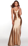 Sexy V-neck Satin Cowl Neck Sheath Natural Waistline Floor Length Fitted Open-Back Sleeveless Spaghetti Strap Sheath Dress/Prom Dress with a Brush/Sweep Train