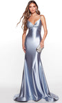 V-neck Mermaid Empire Waistline Open-Back Back Zipper Lace-Up Satin Spaghetti Strap Floor Length Prom Dress with a Court Train