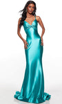 V-neck Mermaid Satin Floor Length Empire Waistline Lace-Up Open-Back Back Zipper Spaghetti Strap Prom Dress with a Court Train