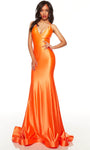 V-neck Mermaid Sleeveless Open-Back Fitted Natural Waistline Floor Length Satin Prom Dress with a Court Train