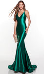 V-neck Fitted Open-Back Floor Length Satin Natural Waistline Mermaid Sleeveless Prom Dress with a Court Train