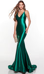 V-neck Floor Length Mermaid Satin Sleeveless Natural Waistline Open-Back Fitted Prom Dress with a Court Train