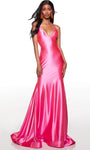 V-neck Satin Sleeveless Natural Waistline Floor Length Mermaid Fitted Open-Back Prom Dress with a Court Train