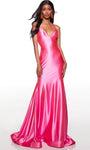 V-neck Satin Mermaid Floor Length Open-Back Fitted Sleeveless Natural Waistline Prom Dress with a Court Train
