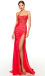 Glittering Slit Lace-Up Embroidered Open-Back Fitted Sleeveless Spaghetti Strap Corset Natural Waistline Sheath Jersey Floor Length Scoop Neck Sheath Dress/Party Dress with a Brush/Sweep Train