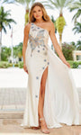 One Shoulder Sheath Natural Waistline Jersey Goddess Back Zipper Asymmetric Slit Sheath Dress With Rhinestones