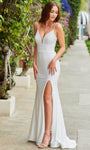 Sophisticated V-neck Lace-Up Slit Illusion Sheer Open-Back Jersey Spaghetti Strap Mermaid Natural Waistline Plunging Neck Prom Dress with a Brush/Sweep Train With Rhinestones