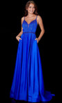 A-line V-neck Satin Spaghetti Strap Plunging Neck Natural Waistline Illusion Slit Sheer Jeweled Mesh Flowy Open-Back Beaded Goddess Prom Dress with a Brush/Sweep Train With Rhinestones