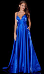 A-line V-neck Satin Flowy Pocketed Open-Back Lace-Up Sleeveless Spaghetti Strap Empire Waistline Floor Length Evening Dress with a Brush/Sweep Train