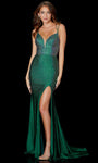 V-neck Jersey Natural Waistline Mermaid Floor Length Slit Lace-Up Open-Back Sheer Plunging Neck Prom Dress With Rhinestones