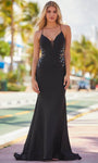 Sophisticated V-neck Sleeveless Spaghetti Strap Back Zipper Fitted Beaded Lace-Up Sheer Open-Back Floor Length General Print Sheath Mermaid Jersey Plunging Neck Natural Waistline Sheath Dress with a B