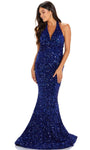 Sexy V-neck Natural Waistline Floor Length Halter Plunging Neck HalterMermaid Open-Back Self Tie Sequined Fitted Velvet Sleeveless Evening Dress with a Brush/Sweep Train