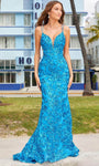 V-neck Mermaid Natural Waistline Floor Length Cutout Sequined Goddess Illusion Lace-Up Open-Back Fitted Sheer General Print Plunging Neck Spaghetti Strap Evening Dress with a Brush/Sweep Train