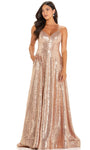 A-line V-neck Floor Length Sheer Back Zipper Pocketed Open-Back Sequined Mesh Sleeveless Spaghetti Strap Empire Waistline Prom Dress with a Brush/Sweep Train