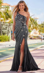 Beaded Open-Back Slit Asymmetric Fitted Sheath Natural Waistline One Shoulder Sleeveless Jersey Sheath Dress/Prom Dress with a Brush/Sweep Train