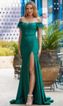 Mermaid Jersey Scoop Neck Off the Shoulder Corset Natural Waistline Glittering Ruched Mesh Lace-Up Slit Prom Dress with a Brush/Sweep Train