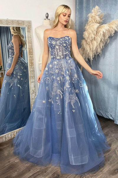 A-line Strapless Corset Natural Waistline Scoop Neck Tulle Floor Length Fit-and-Flare Beaded Fitted Lace-Up Applique Prom Dress with a Brush/Sweep Train