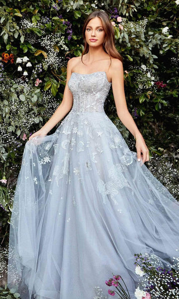 A-line Strapless Scoop Neck Fitted Beaded Lace-Up Applique Tulle Fit-and-Flare Corset Natural Waistline Floor Length Prom Dress with a Brush/Sweep Train