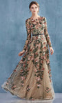 Modest A-line Jeweled Neck Full-Skirt Floor Length Floral Print Natural Waistline Long Sleeves Fitted Illusion Sequined Back Zipper Jeweled Dress with a Brush/Sweep Train