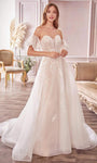 A-line Sweetheart Floor Length Puff Sleeves Sleeves Off the Shoulder Natural Waistline Sheer Glittering Back Zipper Wedding Dress with a Chapel Train