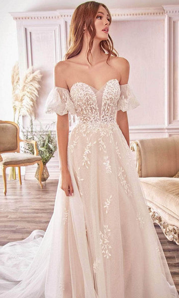 Sophisticated A-line Short Sleeves Sleeves Off the Shoulder Natural Waistline Sweetheart Embroidered Open-Back Back Zipper Fitted Wedding Dress with a Chapel Train