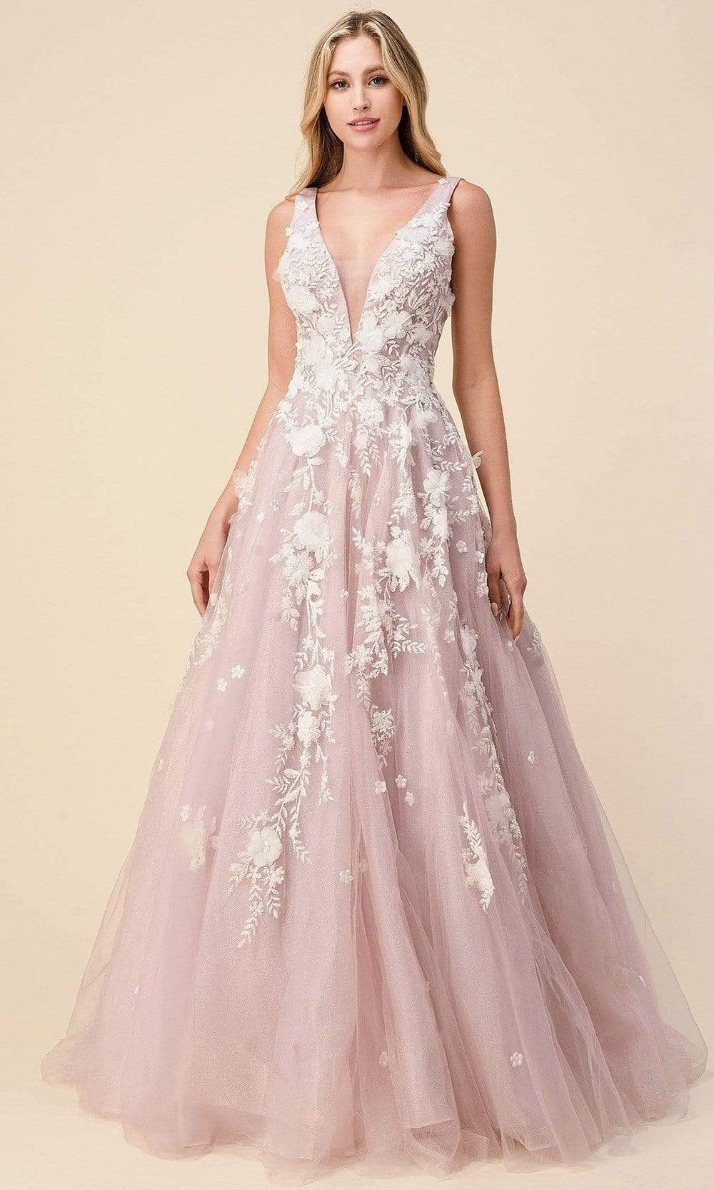 Andrea and Leo - A1028 Floral Applique Deep V Junior Prom Gown
