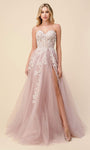 Sexy A-line Strapless Fit-and-Flare Corset Natural Waistline Floor Length Tulle Floral Print Glittering Slit Back Zipper Open-Back Fitted Applique Sweetheart Prom Dress with a Brush/Sweep Train