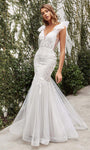 V-neck Natural Waistline Spaghetti Strap Plunging Neck Mermaid Embroidered Open-Back Illusion Back Zipper Applique Sheer Wedding Dress with a Brush/Sweep Train With a Bow(s)