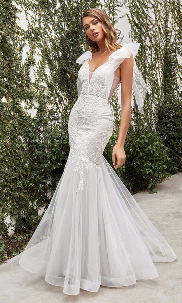 V-neck Mermaid Plunging Neck Spaghetti Strap Natural Waistline Embroidered Back Zipper Sheer Open-Back Applique Illusion Wedding Dress with a Brush/Sweep Train With a Bow(s)