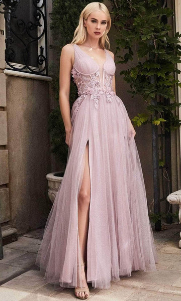 A-line V-neck Sleeveless Tulle Applique Sheer Beaded Open-Back Slit Shirred Floral Print Corset Natural Waistline Bridesmaid Dress/Prom Dress with a Brush/Sweep Train